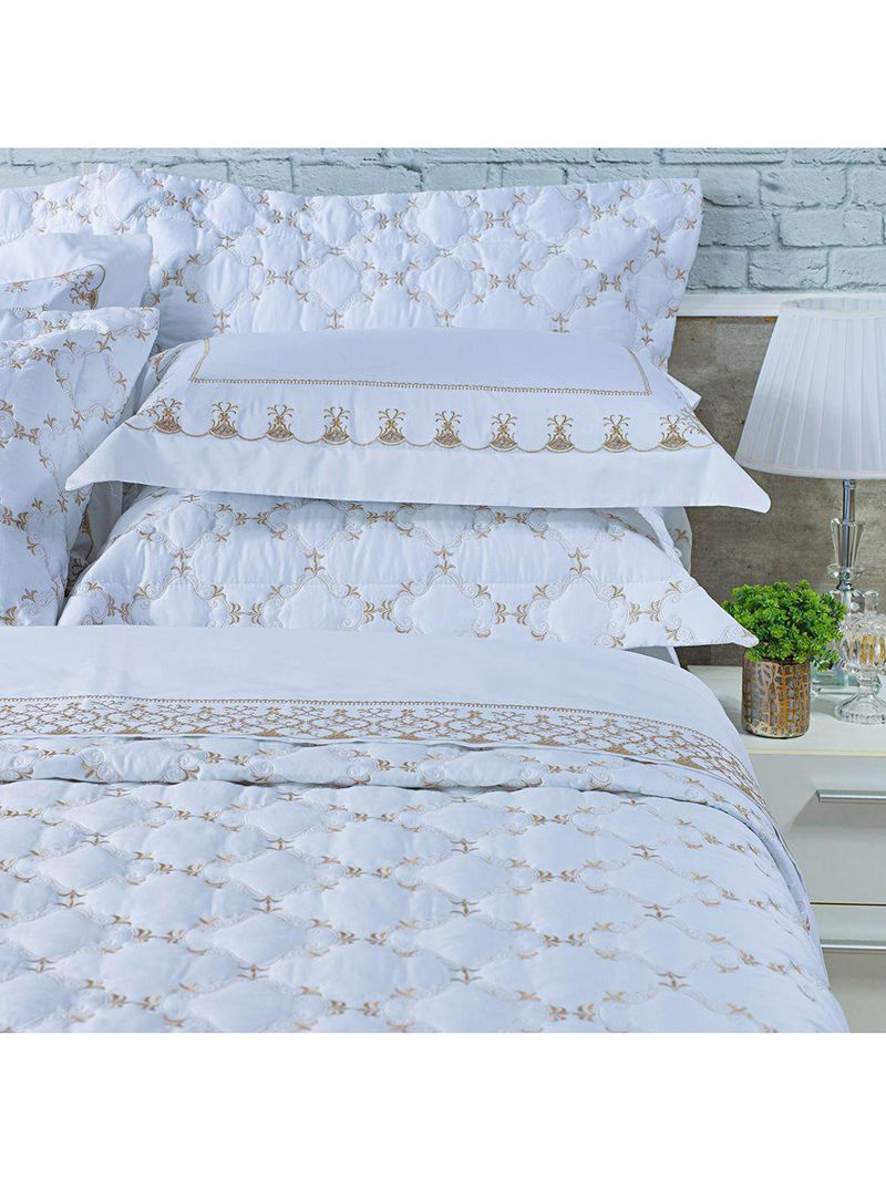 Kit cobre leito colcha garland queen 100% algodão 400 fios acetinado bordado 5 peças - branco