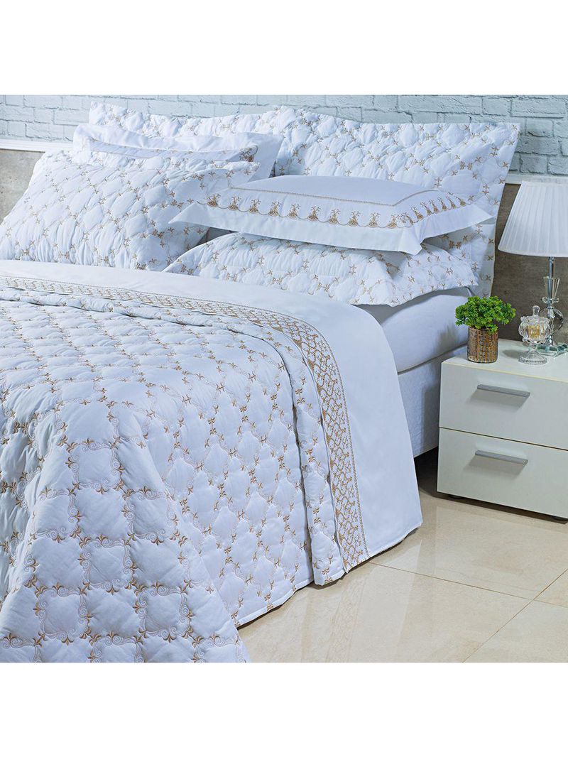 Kit cobre leito colcha garland queen 100% algodão 400 fios acetinado bordado 5 peças - branco
