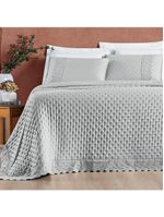 Kit cobre leito colcha bouclê casal padrão laise bordada micropercal 200 fios 3 peças - cinza geada