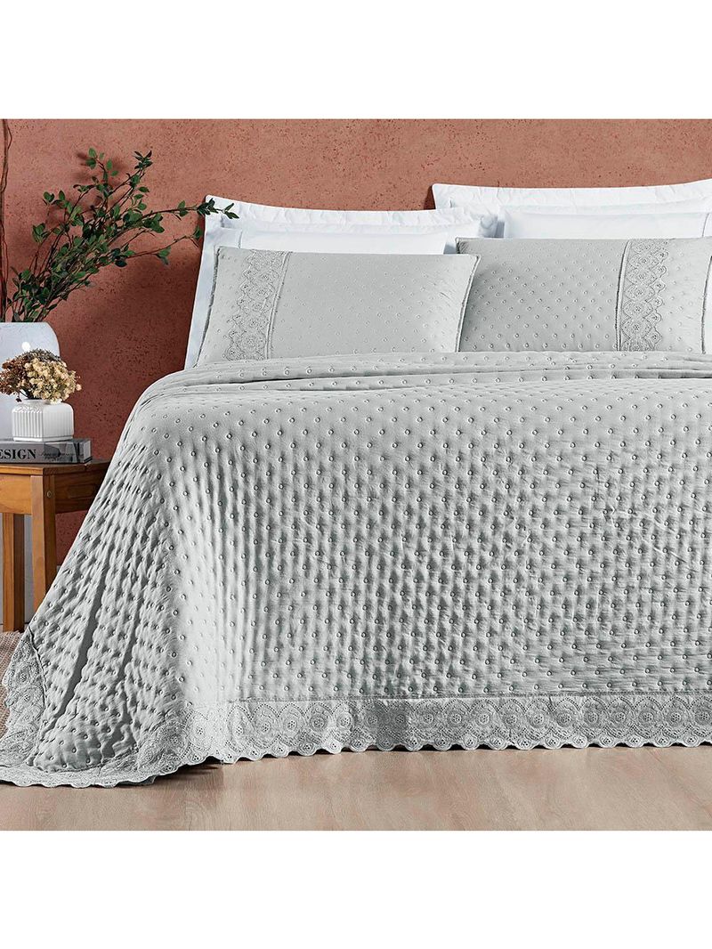 Kit cobre leito colcha bouclê casal padrão laise bordada micropercal 200 fios 3 peças - cinza geada