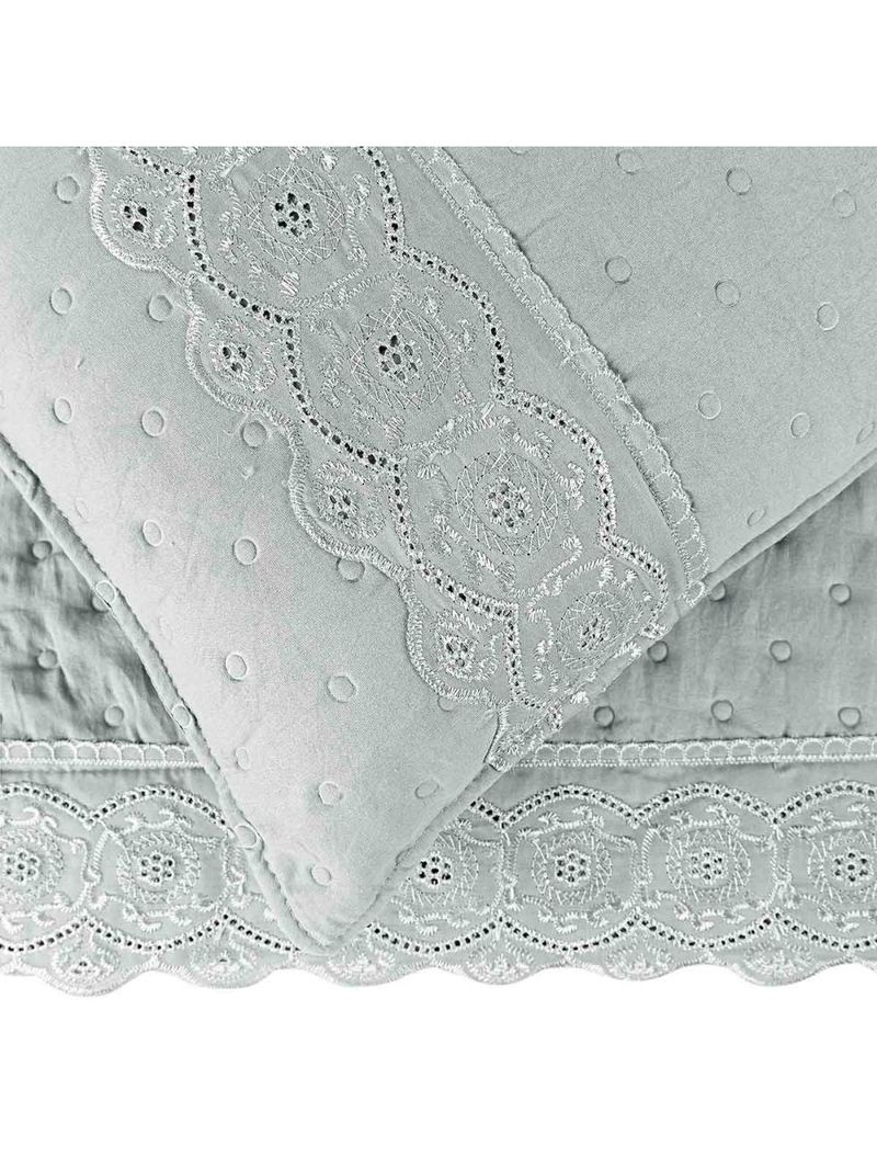 Kit cobre leito colcha bouclê casal padrão laise bordada micropercal 200 fios 3 peças - cinza geada