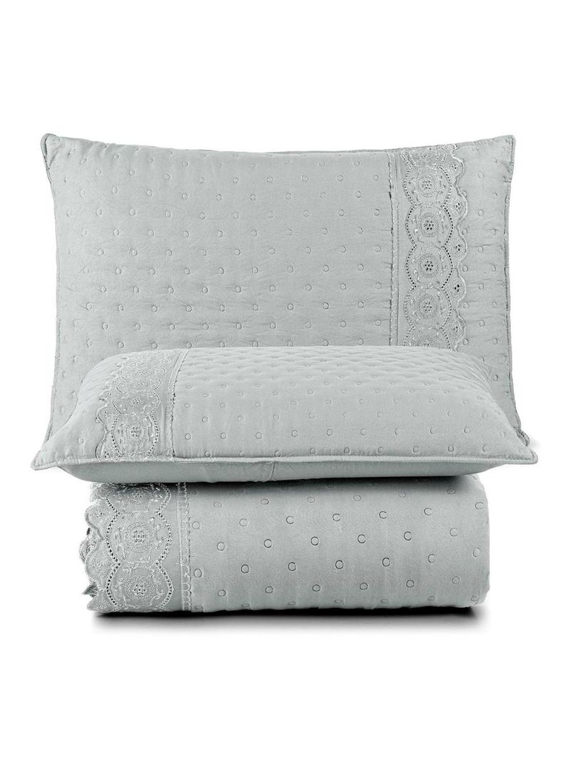Kit cobre leito colcha bouclê casal padrão laise bordada micropercal 200 fios 3 peças - cinza geada