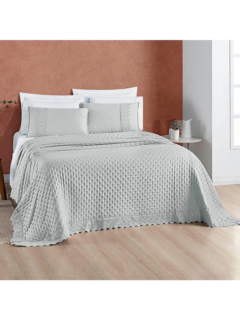 Kit cobre leito colcha bouclê casal padrão laise bordada micropercal 200 fios 3 peças - cinza geada