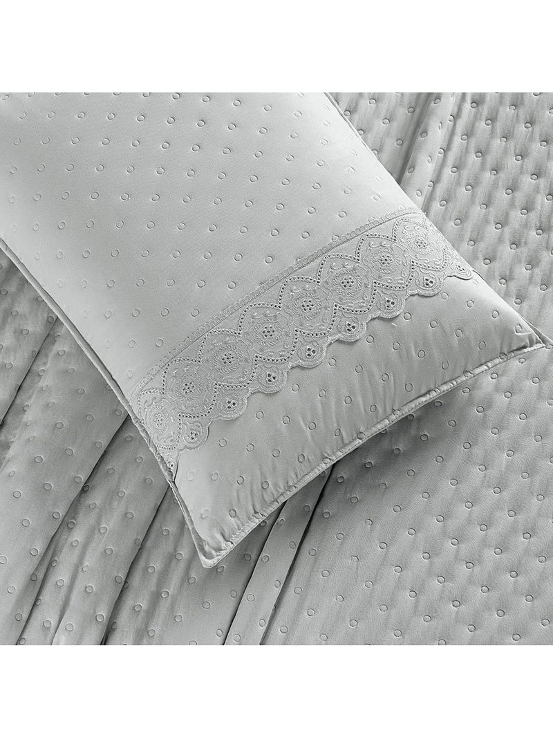 Kit cobre leito colcha bouclê casal padrão laise bordada micropercal 200 fios 3 peças - cinza geada