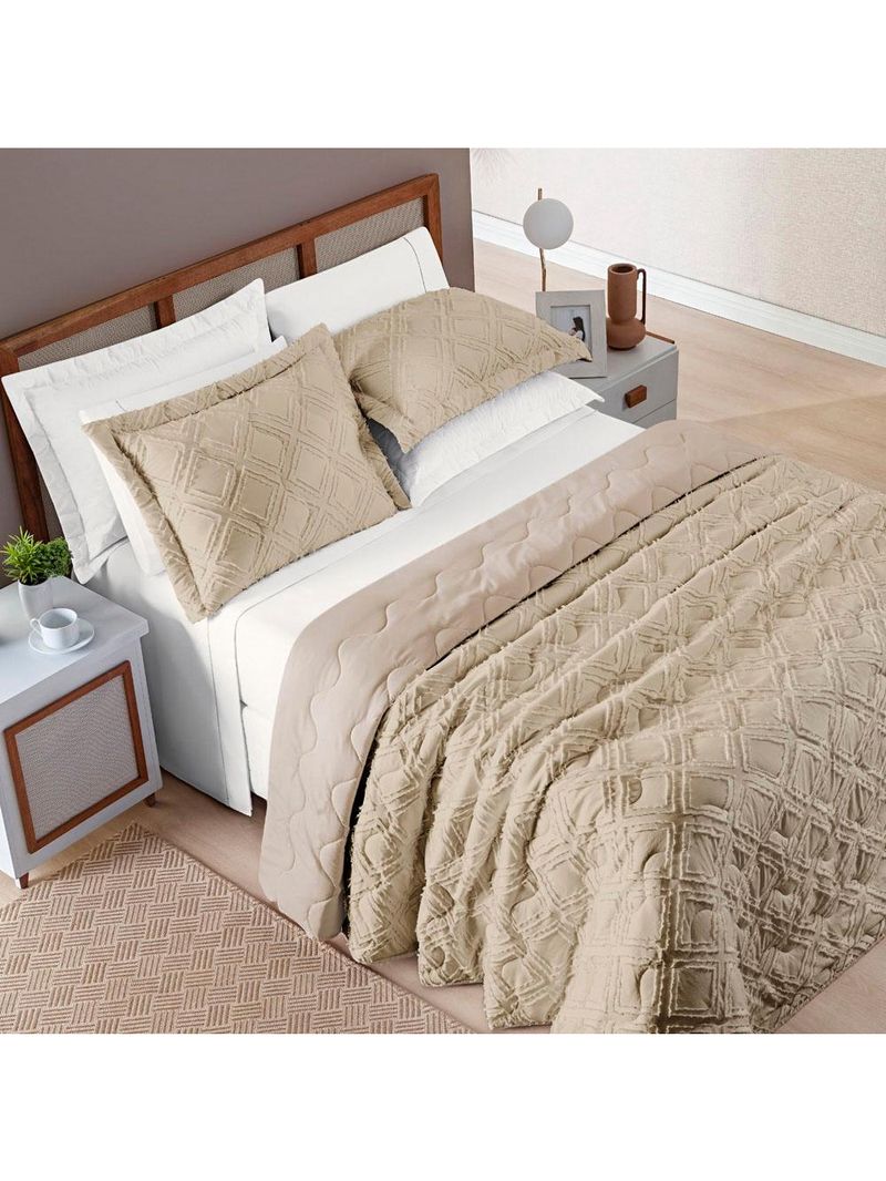 Kit cobre leito colcha adele queen dupla face micropercal 300 fios 3 peças - bege