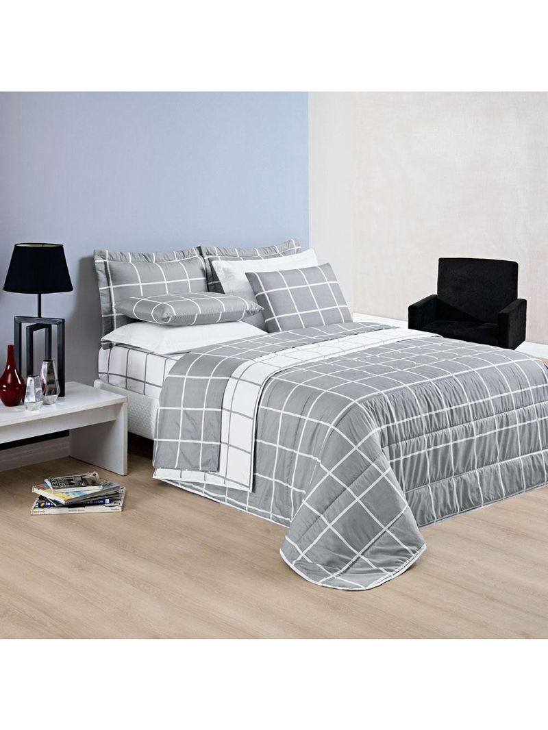 Kit cobre leito colcha brooklyn queen quadriculado micropercal 200 fios 3 peças - cinza