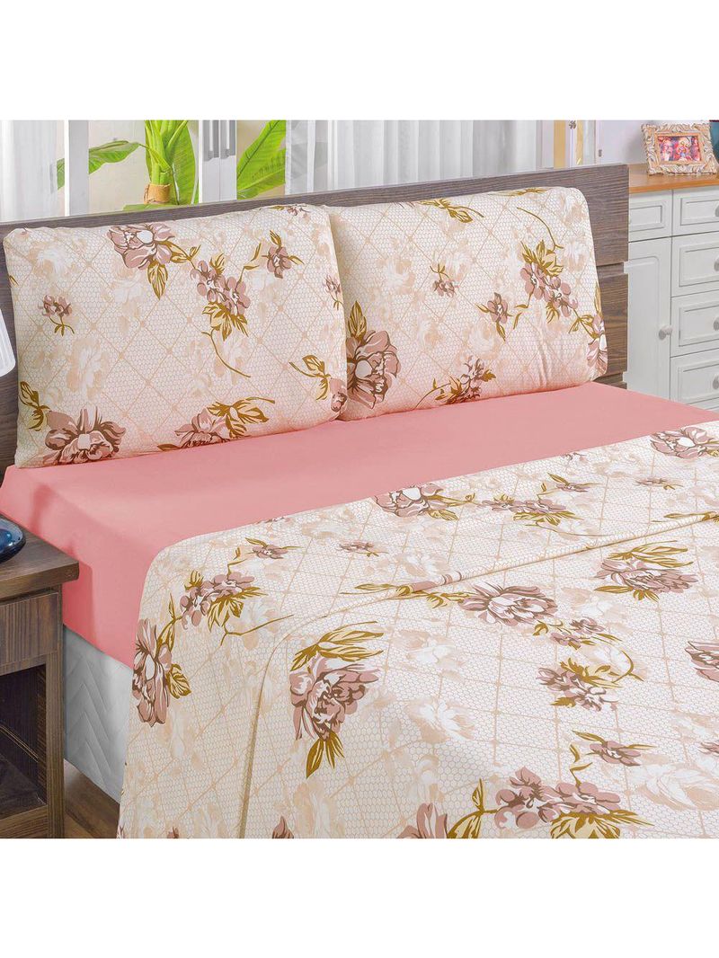 Jogo de cama quality solteiro estampado malha algodão 3 peças - rosê
