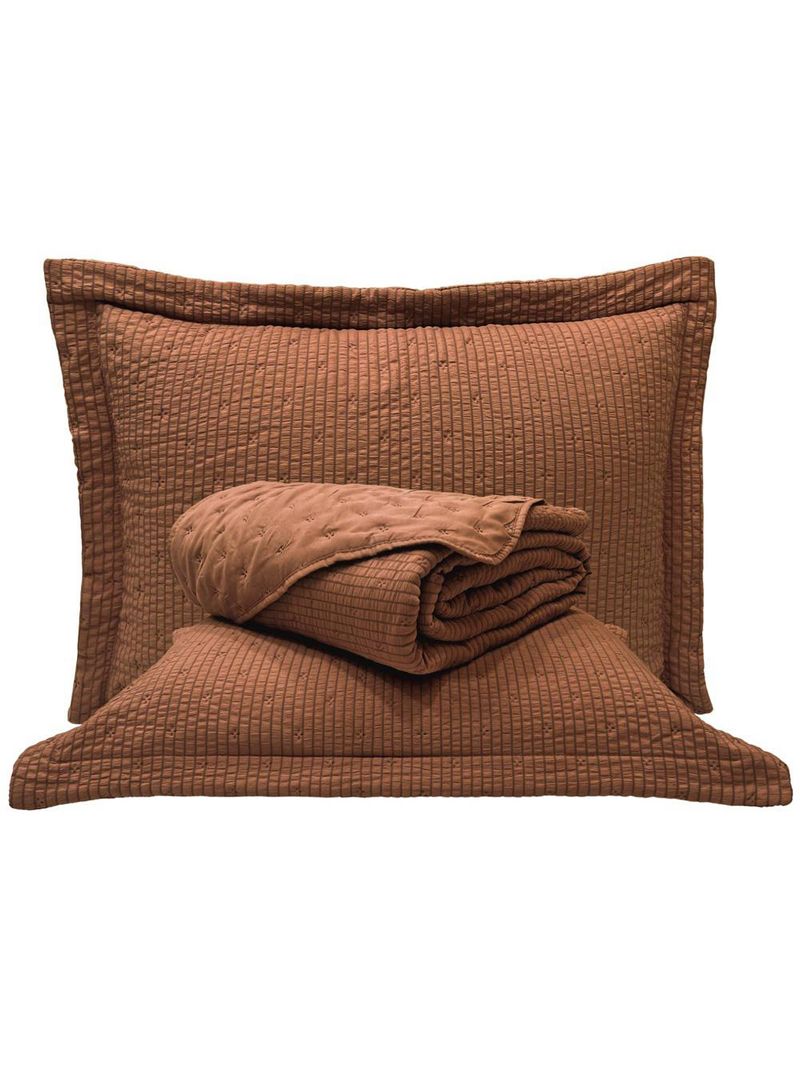 Kit cobre leito colcha anabela queen dupla face texturizado percal 300 fios 3 peças - castanho