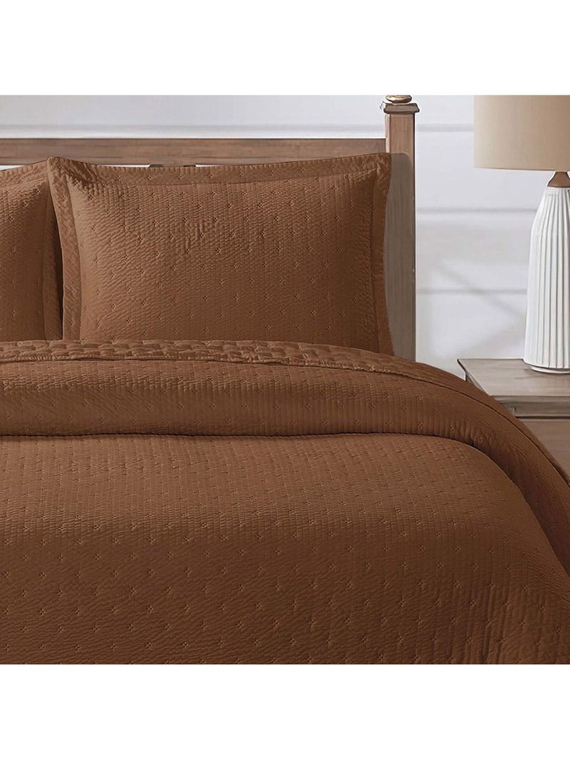 Kit cobre leito colcha anabela queen dupla face texturizado percal 300 fios 3 peças - castanho