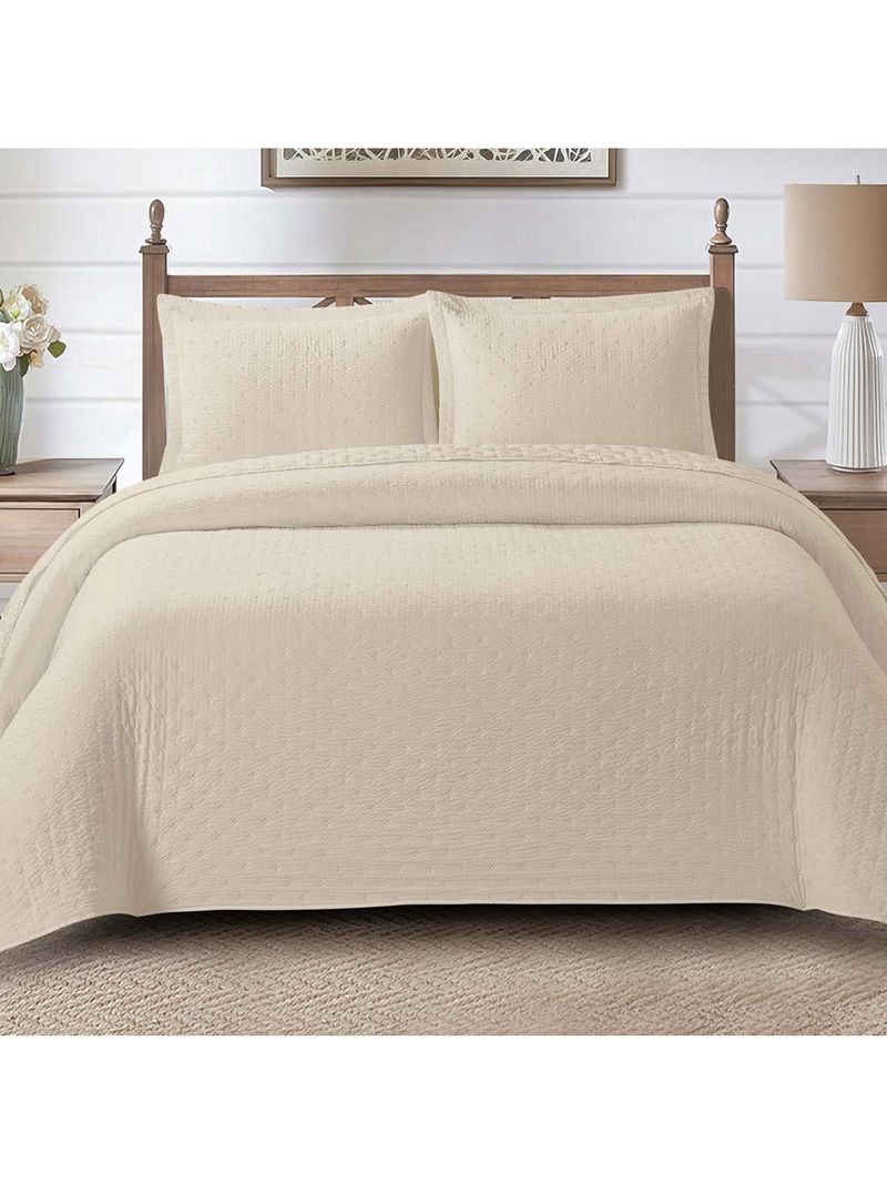 Kit cobre leito colcha anabela queen dupla face texturizado percal 300 fios 3 peças - bege