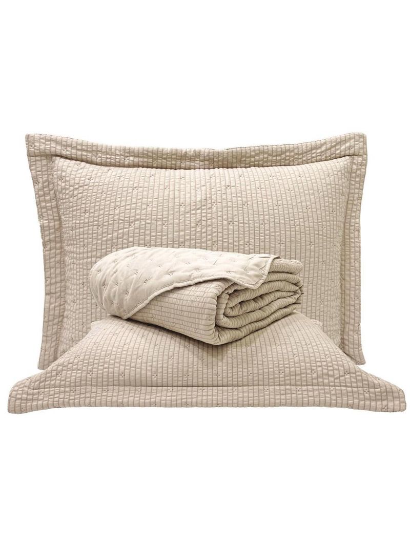 Kit cobre leito colcha anabela queen dupla face texturizado percal 300 fios 3 peças - bege