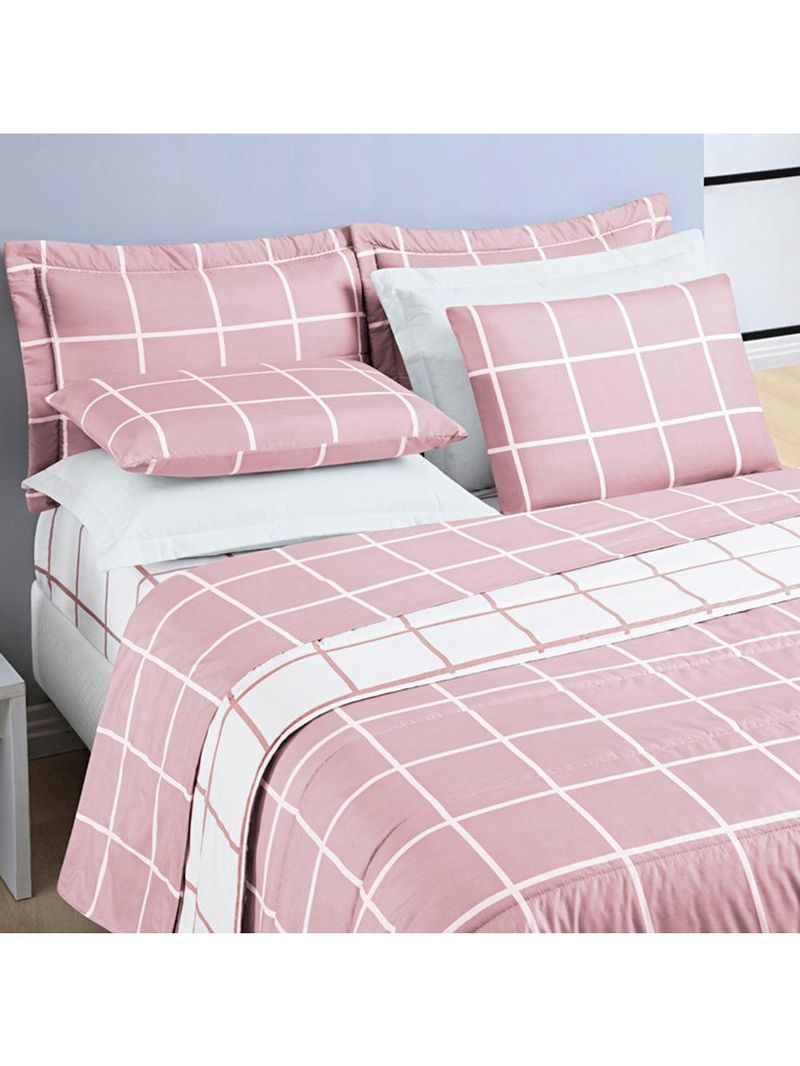 Kit cobre leito colcha brooklyn solteiro quadriculado micropercal 200 fios 2 peças - rosa