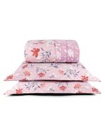 Kit cobre leito colcha belle queen estampado dupla face 400 fios 3 peças floral rosê