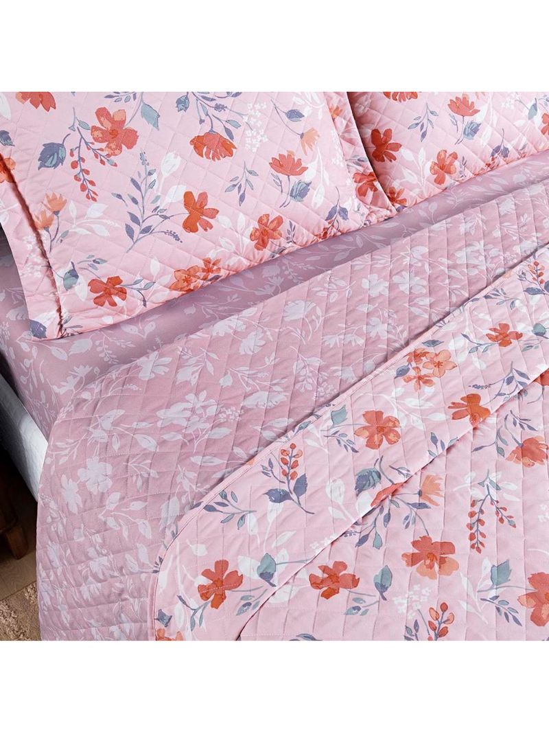 Kit cobre leito colcha belle queen estampado dupla face 400 fios 3 peças floral rosê