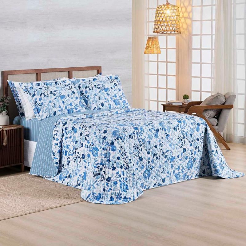 Kit cobre leito colcha belle queen estampado dupla face 400 fios 3 peças florido azul