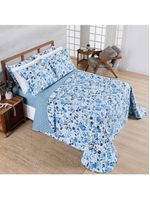 Kit cobre leito colcha belle queen estampado dupla face 400 fios 3 peças florido azul