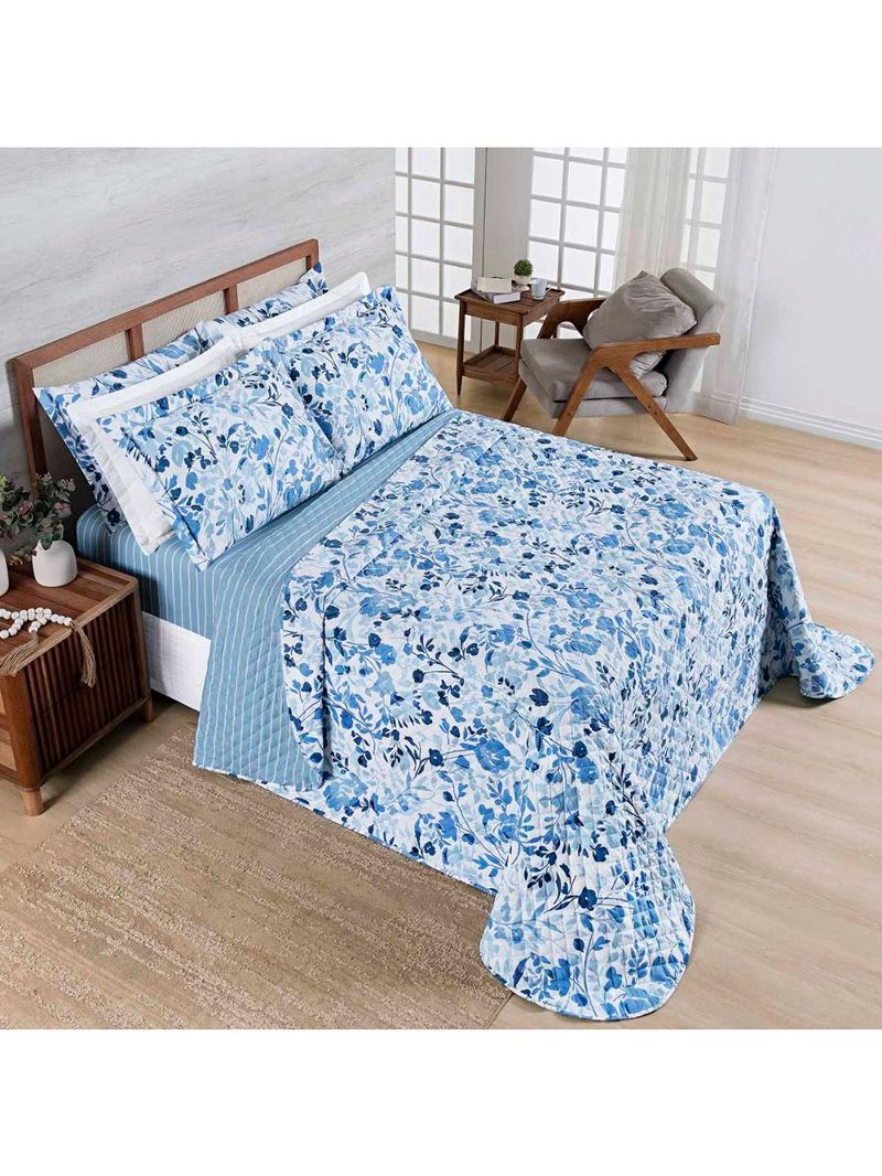 Kit cobre leito colcha belle queen estampado dupla face 400 fios 3 peças florido azul