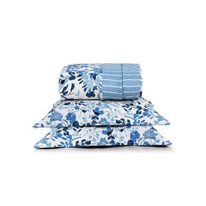Kit cobre leito colcha belle queen estampado dupla face 400 fios 3 peças florido azul