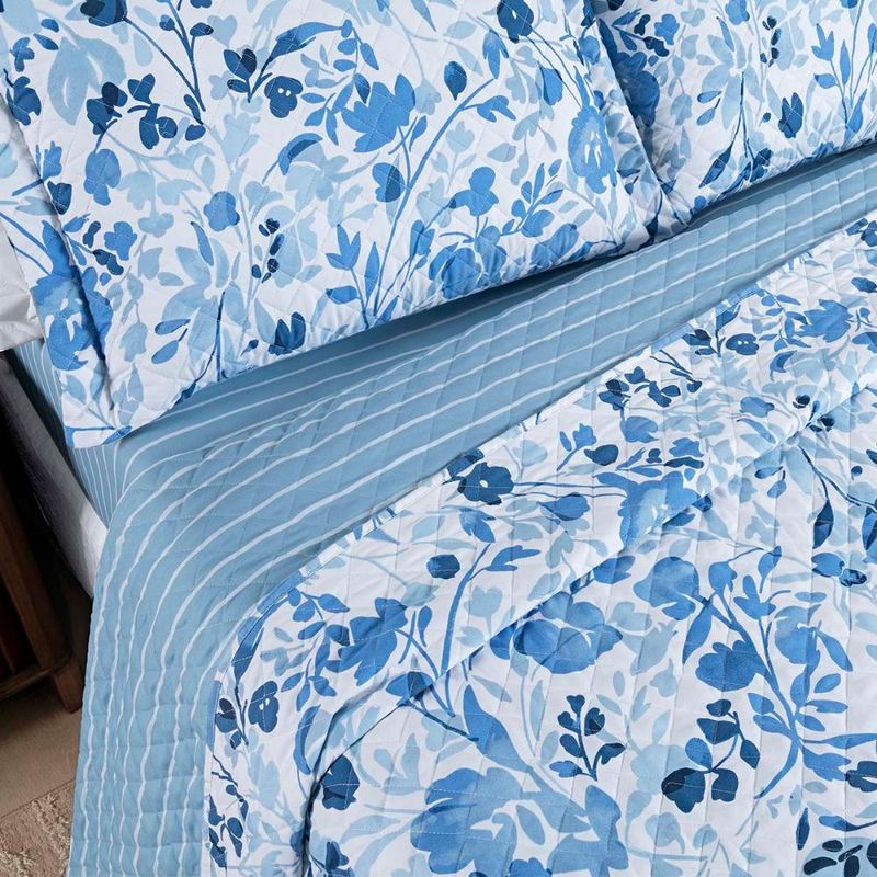 Kit cobre leito colcha belle queen estampado dupla face 400 fios 3 peças florido azul