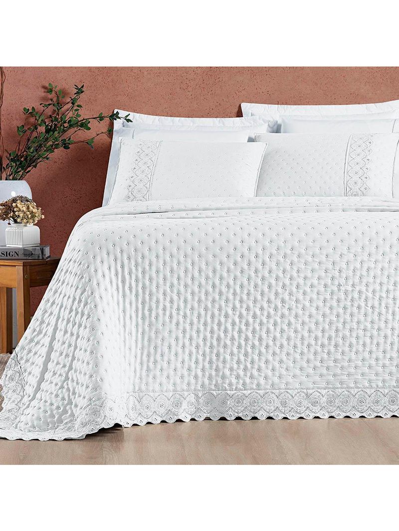 Kit cobre leito colcha bouclê queen laise bordada micropercal 200 fios 3 peças - branco neve