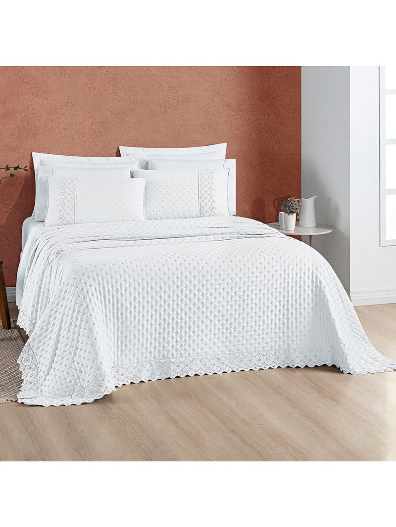 Kit cobre leito colcha bouclê queen laise bordada micropercal 200 fios 3 peças - branco neve