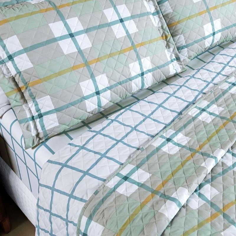 Kit cobre leito colcha belle queen estampado dupla face 400 fios 3 peças grid verde