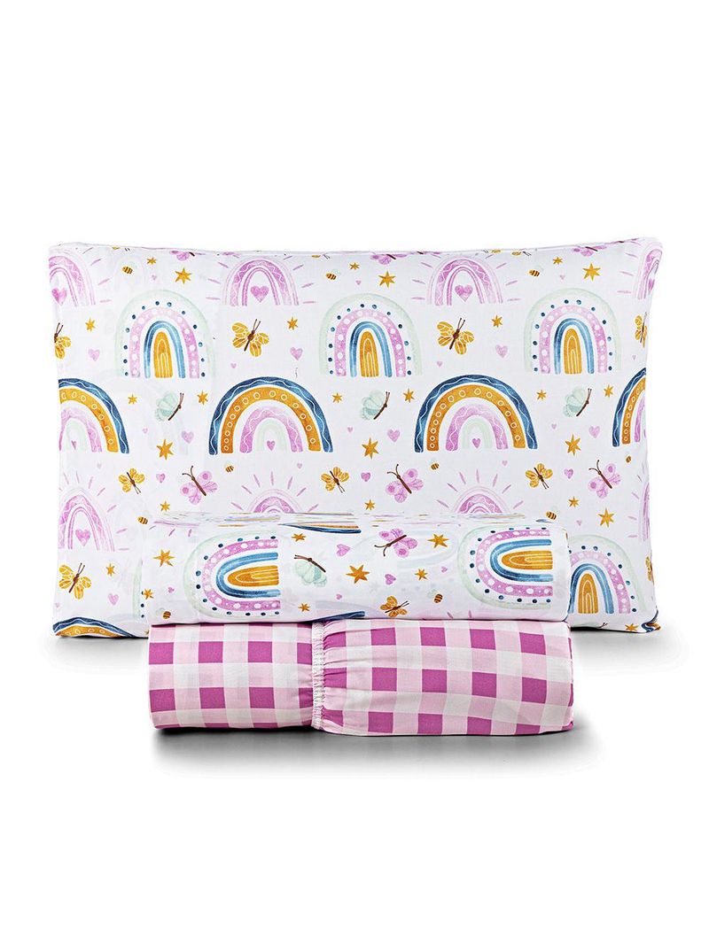 Jogo de cama lençol lutti solteiro infantil 200 fios estampado 3 peças arco íris rainbow rosa