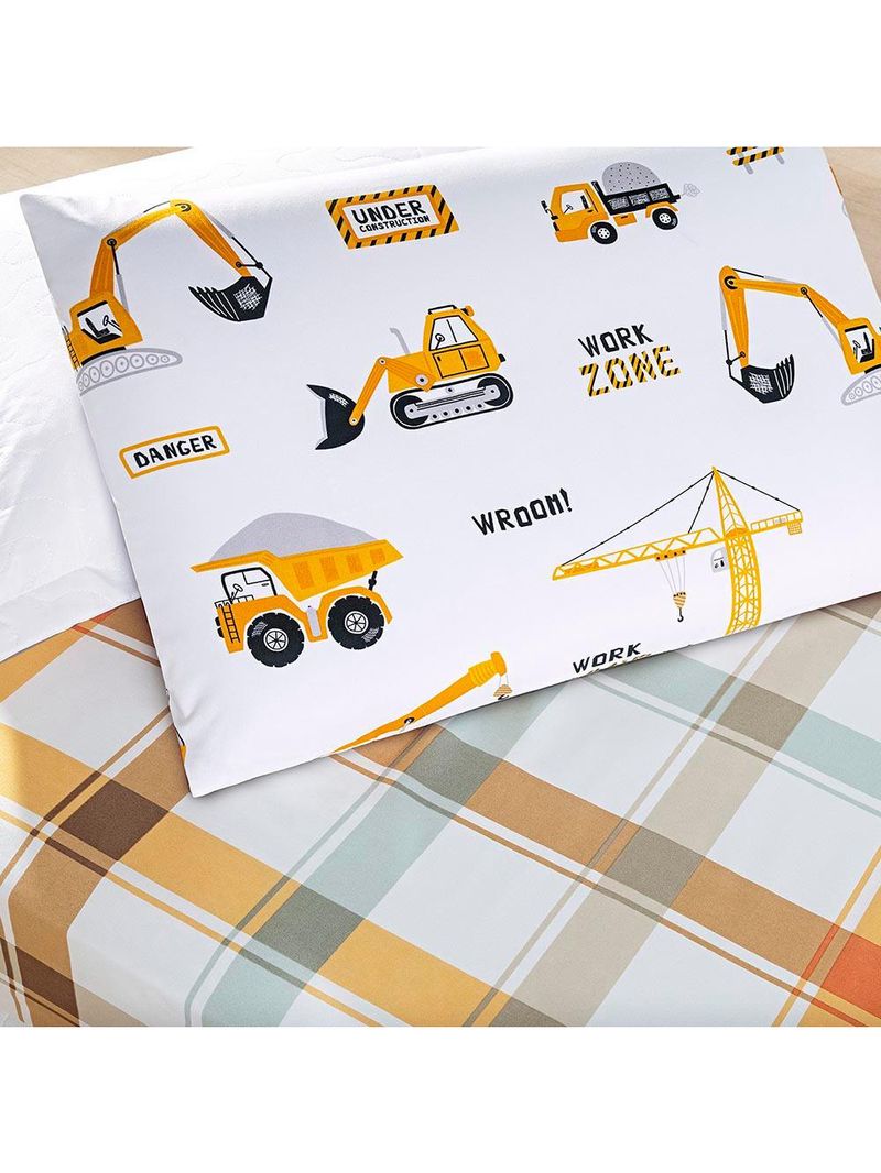 Jogo de cama lençol lutti solteiro infantil 200 fios estampado 2 peças trator caminhão branco