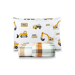 Jogo de cama lençol lutti solteiro infantil 200 fios estampado 2 peças trator caminhão branco