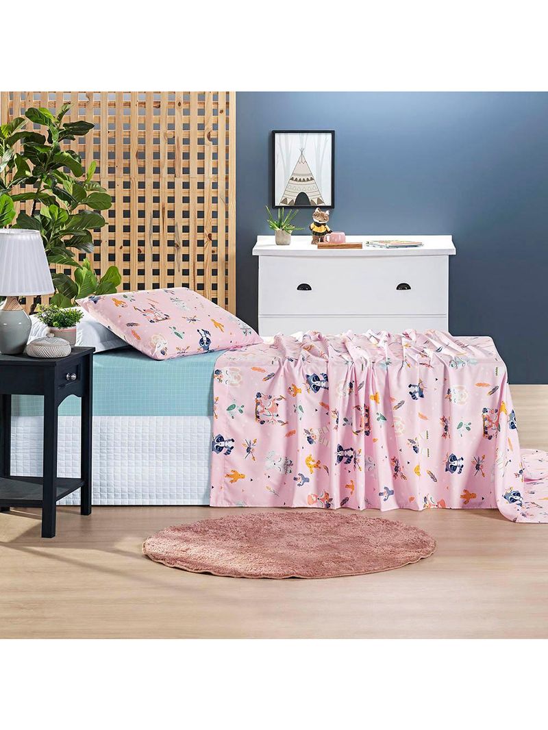 Jogo de cama lençol lutti solteiro infantil 200 fios estampado 3 peças raposa foxy rosa