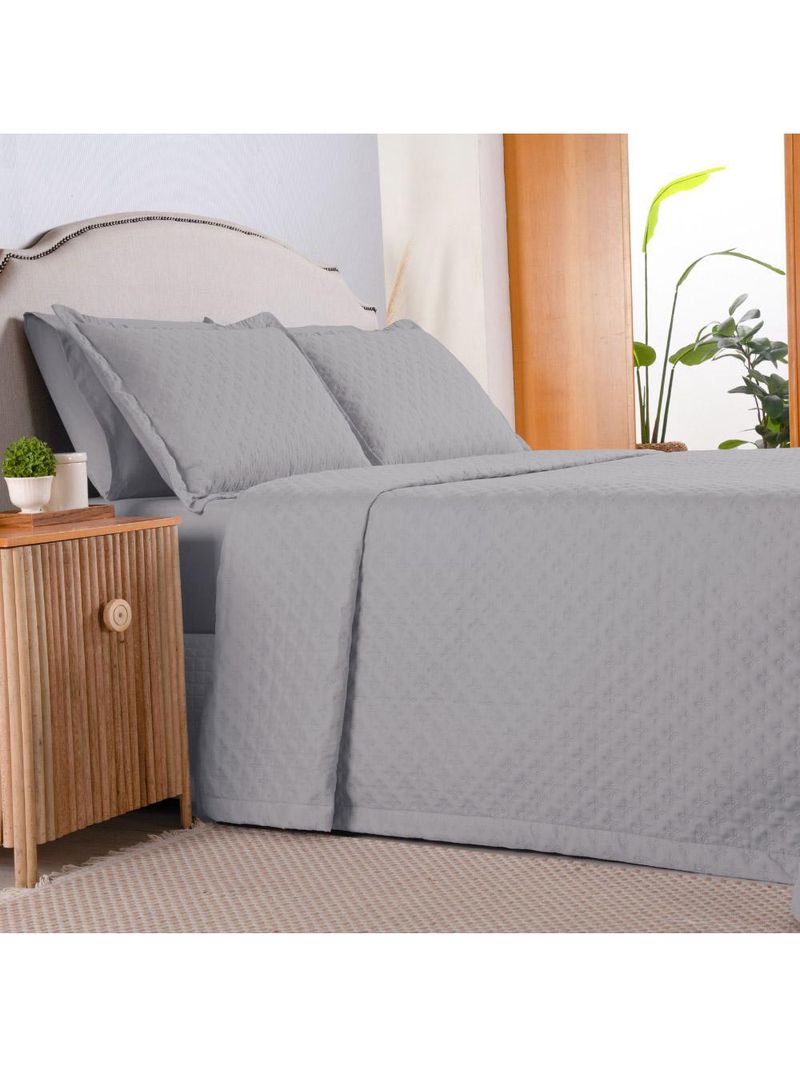 Kit cobre leito colcha atualle queen dupla face microfibra 3 peças - cinza