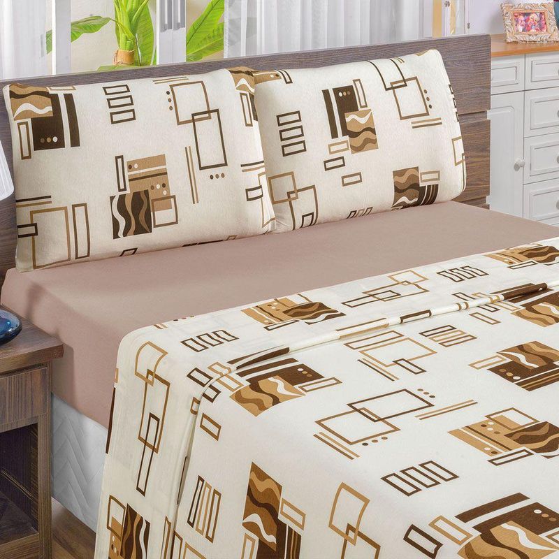 Jogo de cama quality king estampado malha algodão 4 peças - avelã