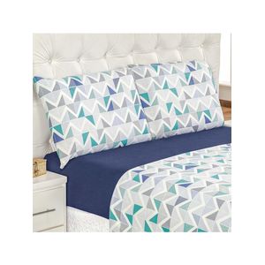 Jogo de cama quality casal padrão estampado malha  algodão 4 peças - azul geométrico