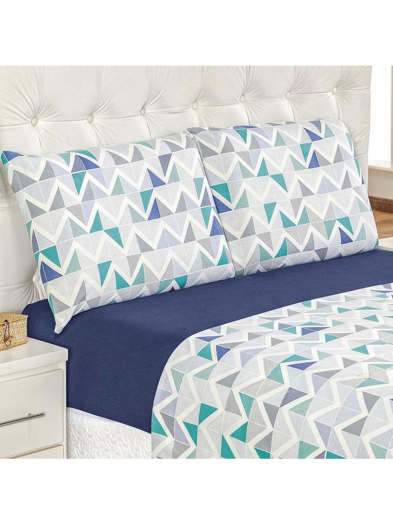 Jogo de cama quality casal padrão estampado malha  algodão 4 peças - azul geométrico