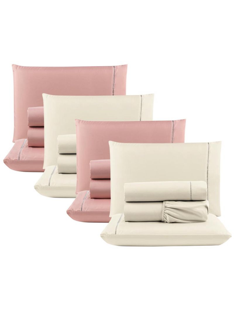 Kit c/ 4 jogos cama lençol unique casal padrão micro percal 400 fios ponto palito 4 peças - rosê + palha