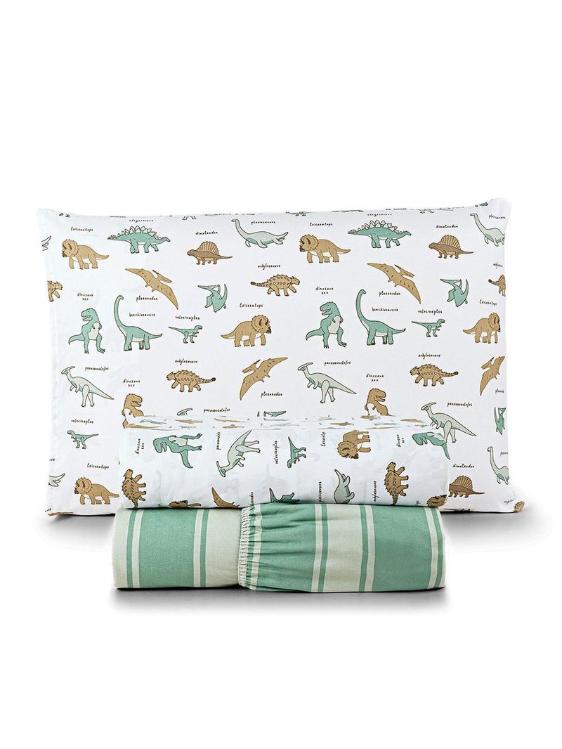 Jogo de cama lençol lutti solteiro infantil 200 fios estampado 3 peças dinossauro verde