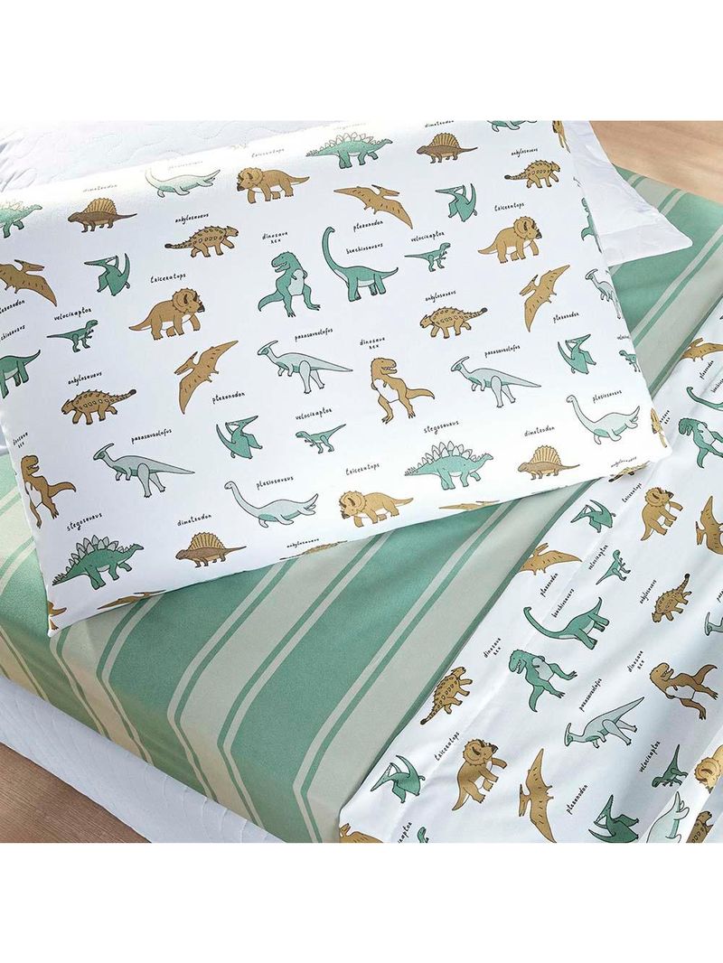 Jogo de cama lençol lutti solteiro infantil 200 fios estampado 3 peças dinossauro verde