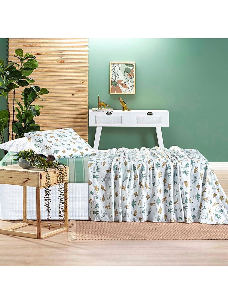 Jogo de cama lençol lutti solteiro infantil 200 fios estampado 3 peças dinossauro verde