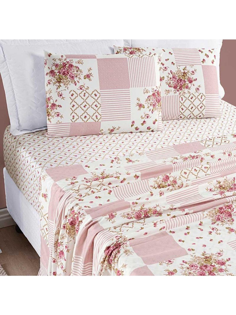 Jogo de cama lençol dallas solteiro microfibra 2 peças - rosa matura patchwork