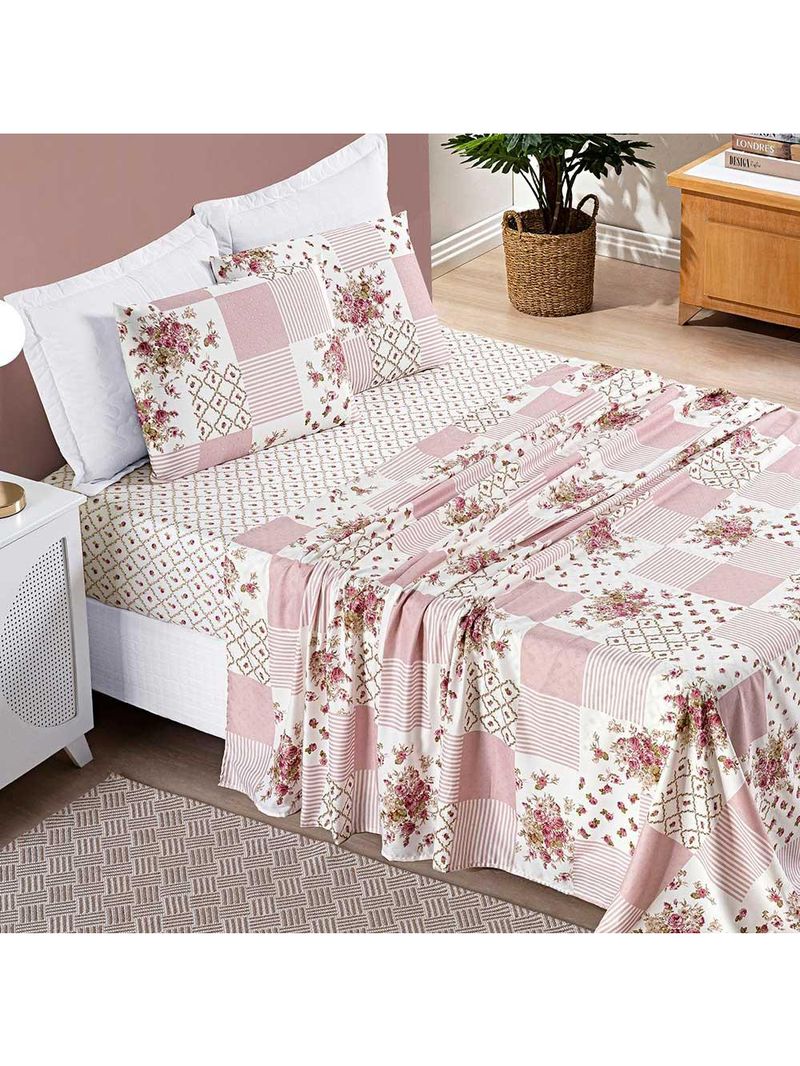 Jogo de cama lençol dallas solteiro microfibra 2 peças - rosa matura patchwork