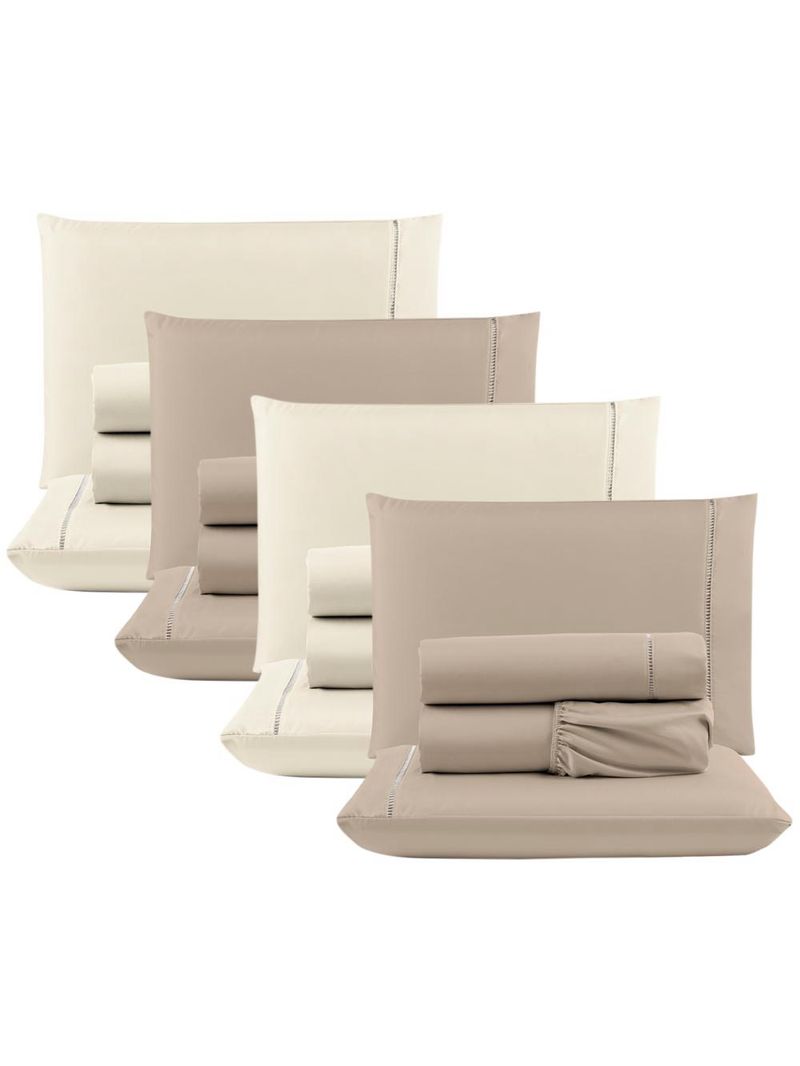 Kit c/ 4 jogos cama lençol unique casal padrão micro percal 400 fios ponto palito 4 peças - avelã + palha