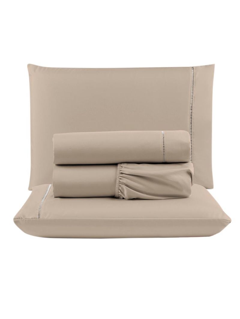 Kit c/ 4 jogos cama lençol unique casal padrão micro percal 400 fios ponto palito 4 peças - avelã + palha