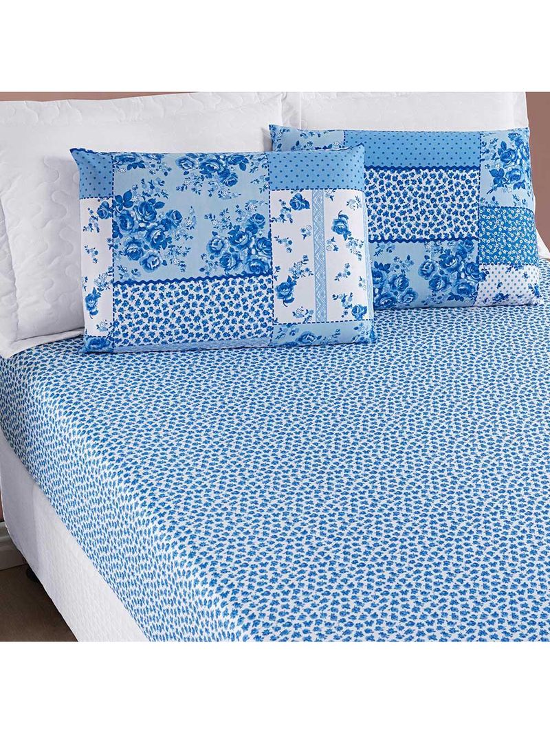 Jogo de cama lençol dallas casal padrão microfibra 3 peças - azul sereno patchwork