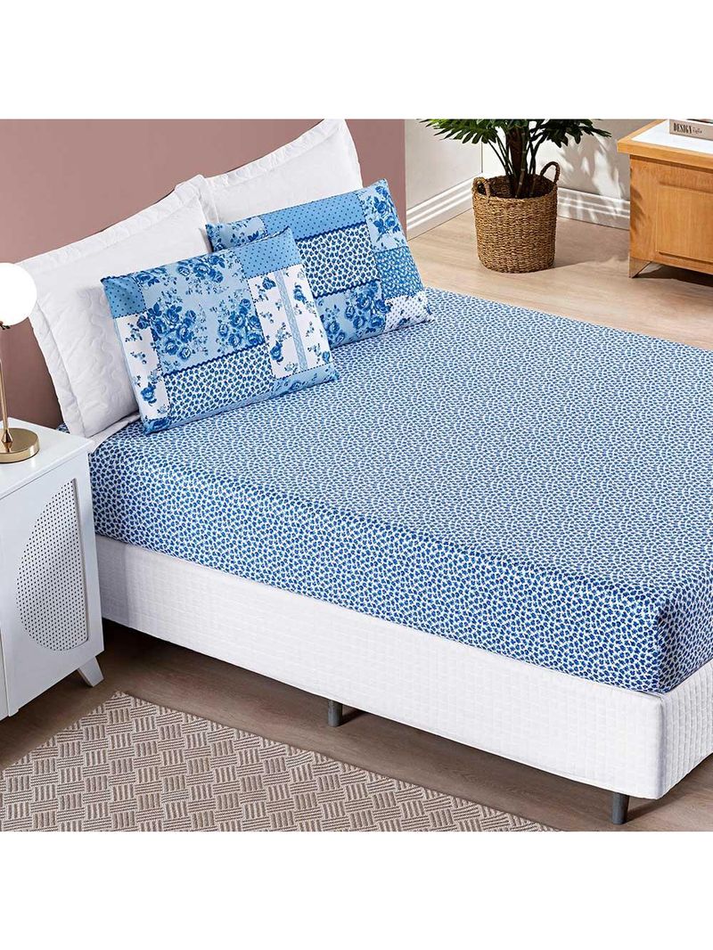 Jogo de cama lençol dallas casal padrão microfibra 3 peças - azul sereno patchwork