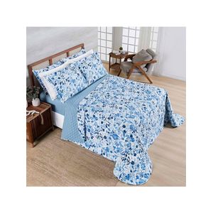 Kit cobre leito colcha belle casal padrão estampado dupla face 400 fios 3 peças florido azul