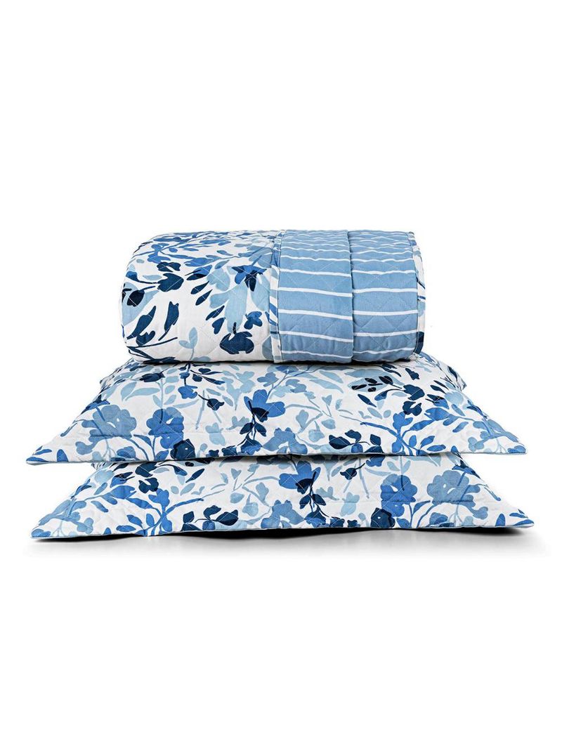 Kit cobre leito colcha belle casal padrão estampado dupla face 400 fios 3 peças florido azul