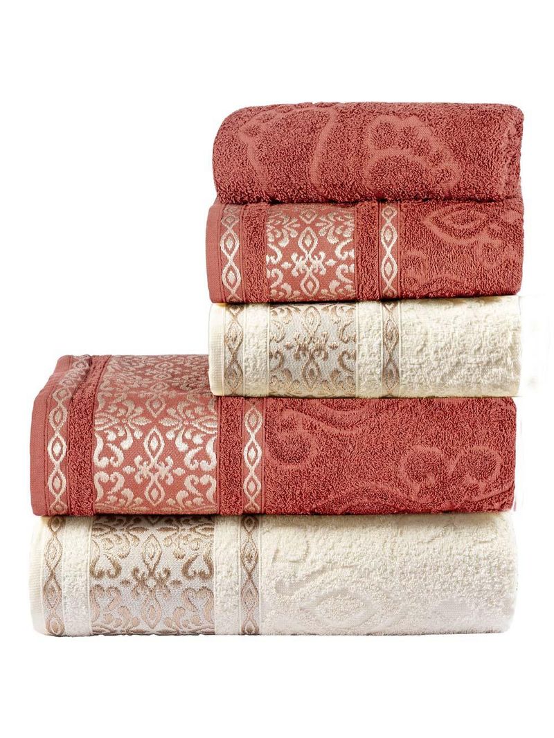 Jogo de banho toalhas malau decorado algodão 5 peças - terracota e palha