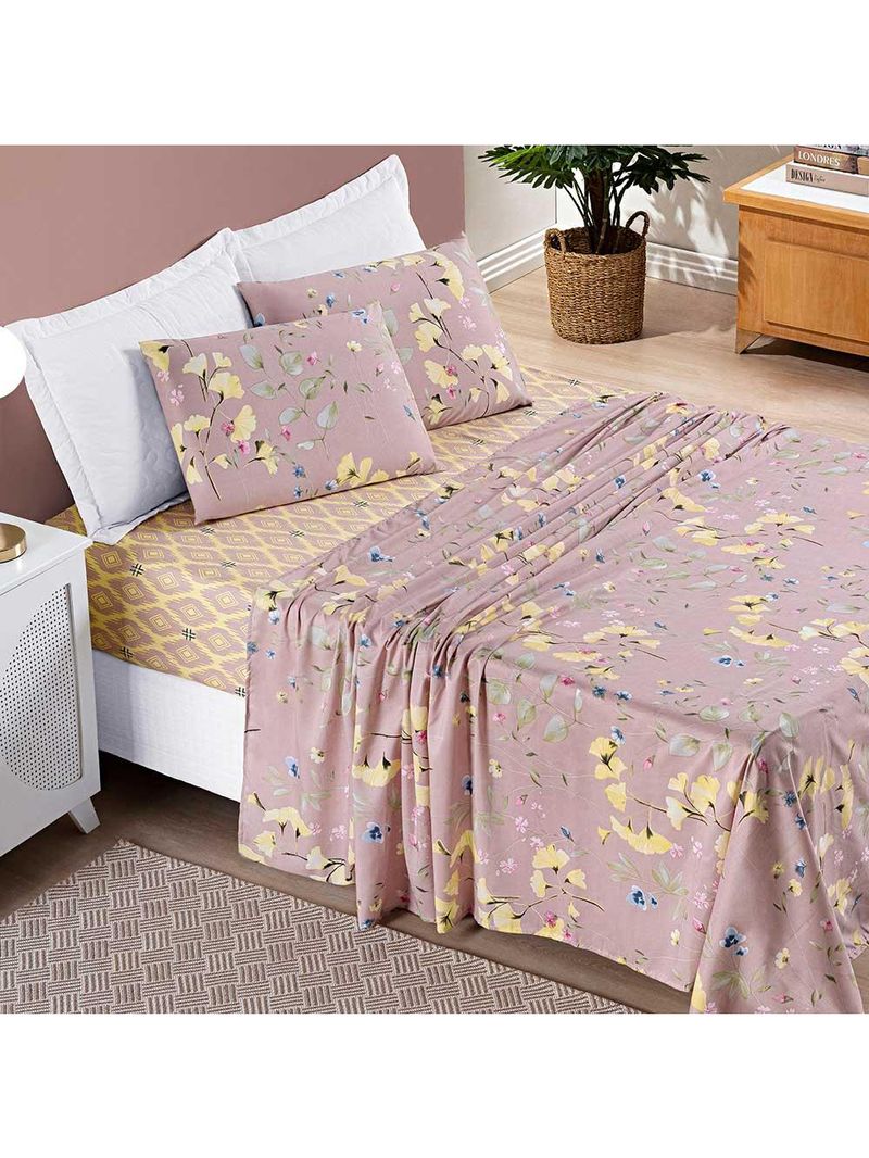 Jogo de cama lençol dallas queen microfibra 4 peças - rosê lavanda floral