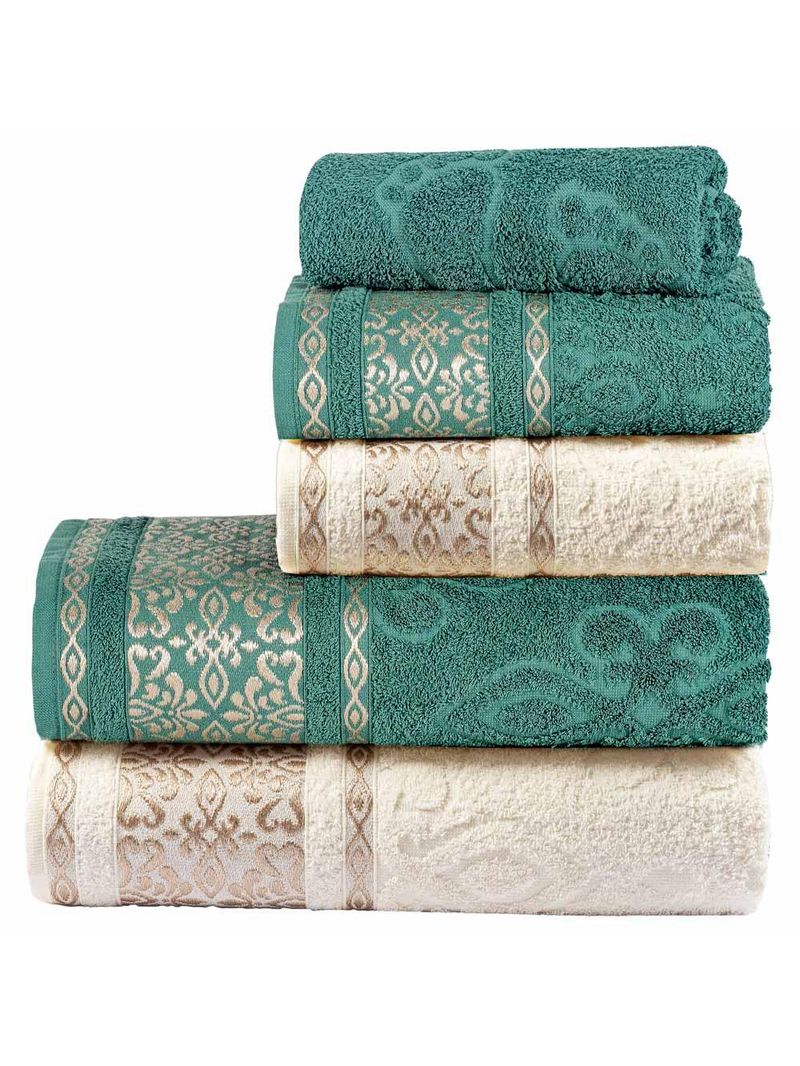 Jogo de banho toalhas malau decorado algodão 5 peças - verde e palha