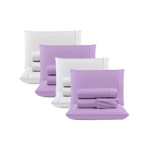 Kit c/ 4 jogos cama lençol unique casal padrão micro percal 400 fios ponto palito 4 peças - lilás + branco